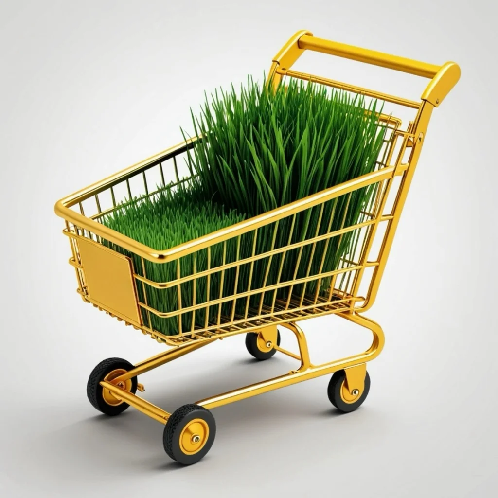 Carrello dorato con erba sintetica, simbolo dell'acquisto online di prati artificiali e prodotti per la manutenzione.
