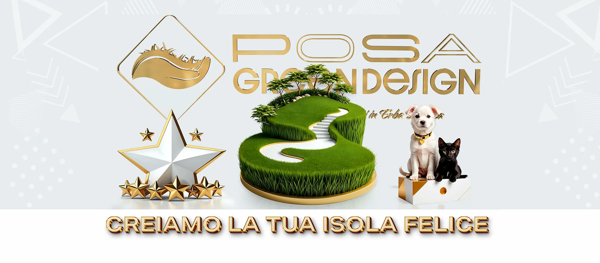 Logo di Posa Green Design con slogan Creiamo la tua isola felice, raffigurante un prato sintetico stilizzato con un cane e un gatto