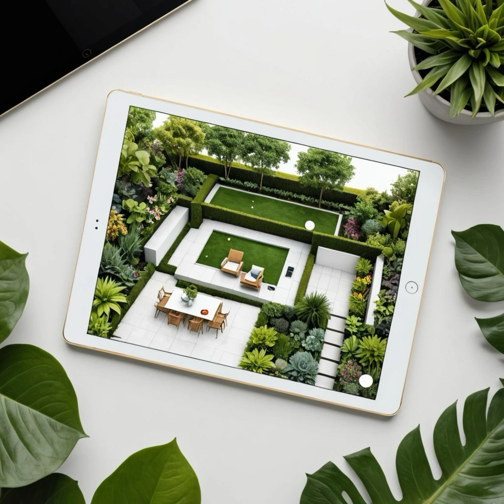 Simulazione digitale di un giardino con prato sintetico visualizzato su tablet.