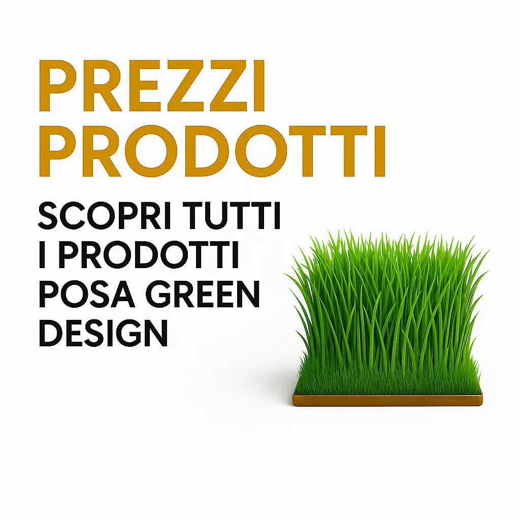 Prezzi prodotti erba sintetica Posa Green Design con ciuffo d’erba stilizzato su fondo bianco