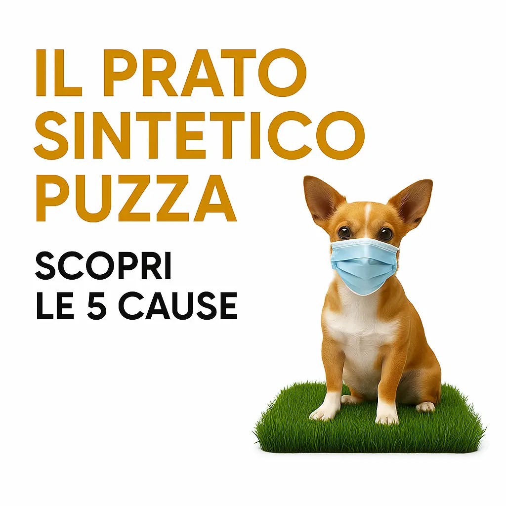 Cane con mascherina seduto su prato sintetico, accanto alla scritta "Il prato sintetico puzza – Scopri le 5 cause"