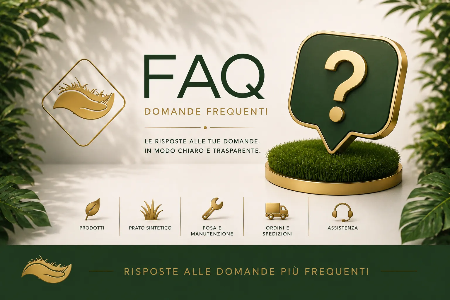 Pagina FAQ di Posa Green Design con risposte alle domande più frequenti su prato sintetico, posa, manutenzione, prodotti, ordini, spedizioni e assistenza.