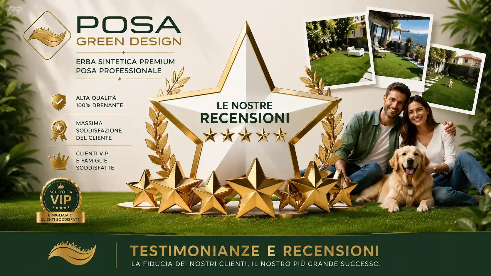 Testimonianze e recensioni sulla posa erba sintetica di Posa Green Design con clienti soddisfatti, giardini premium e valutazione a cinque stelle.
