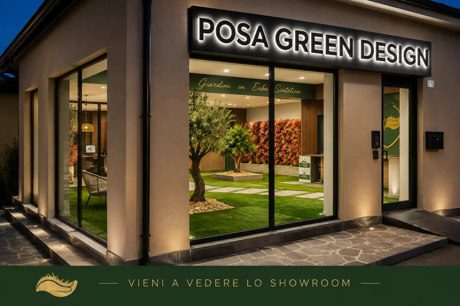 Esterno dello showroom Posa Green Design a Bergamo di sera, specializzato in erba sintetica per ville con prato sintetico e alberi visibili all'interno.